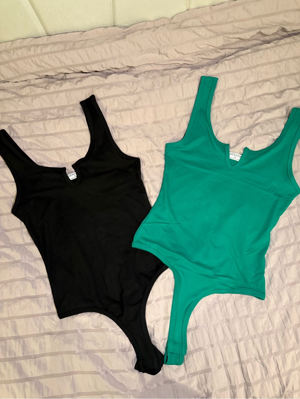 Zenana Outfitters Thong Style Tank Bodysuits in Black and Green-Set of 2